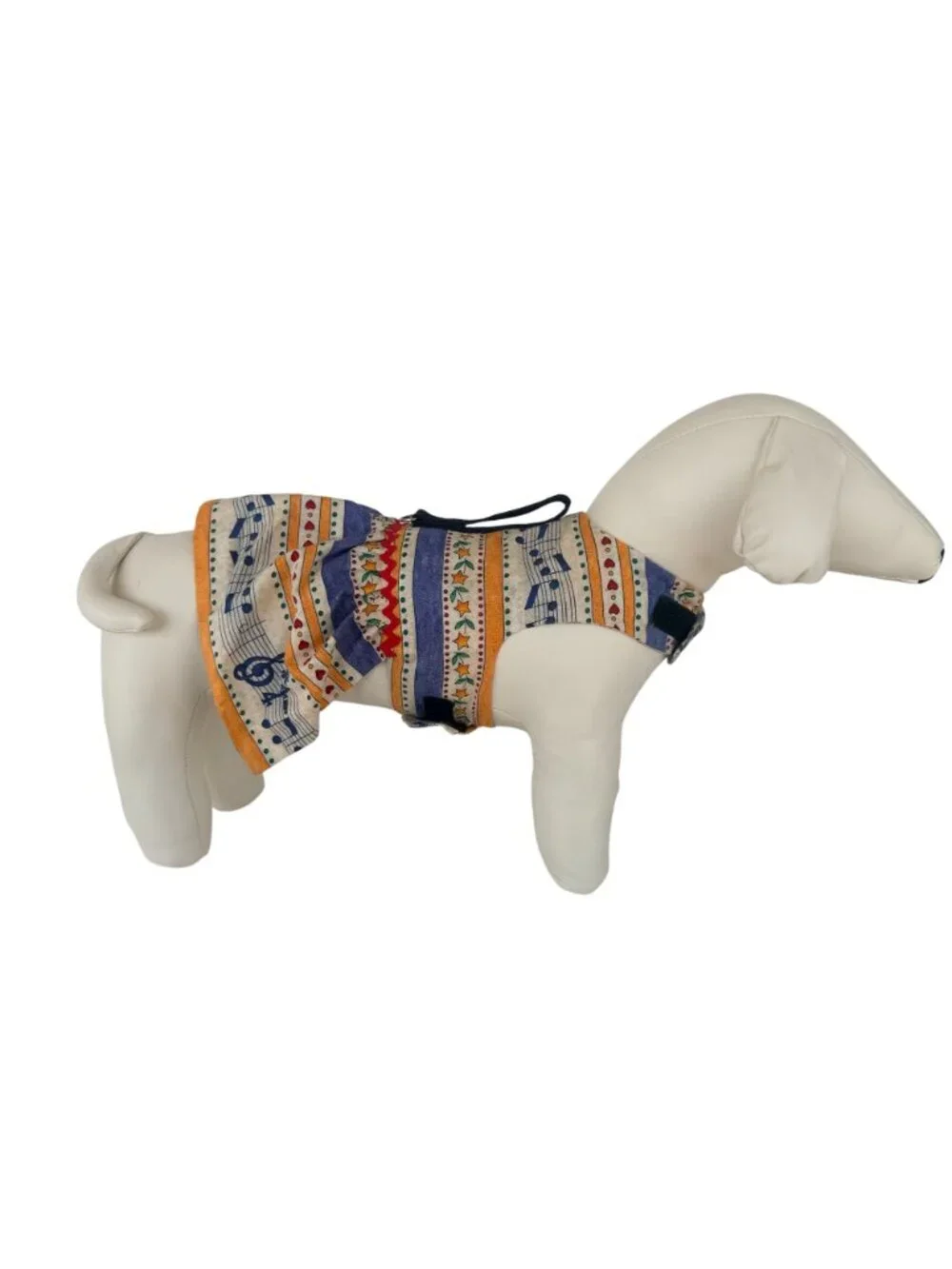 Handmade Small Dog Adjustable Dress Outfit w Harness Music Notes Blue Yellow